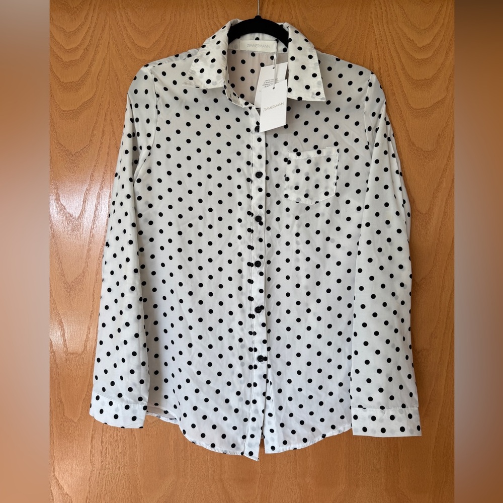 Zimmermann 100% silk White Polka Dot Button-Up Shirt. New!